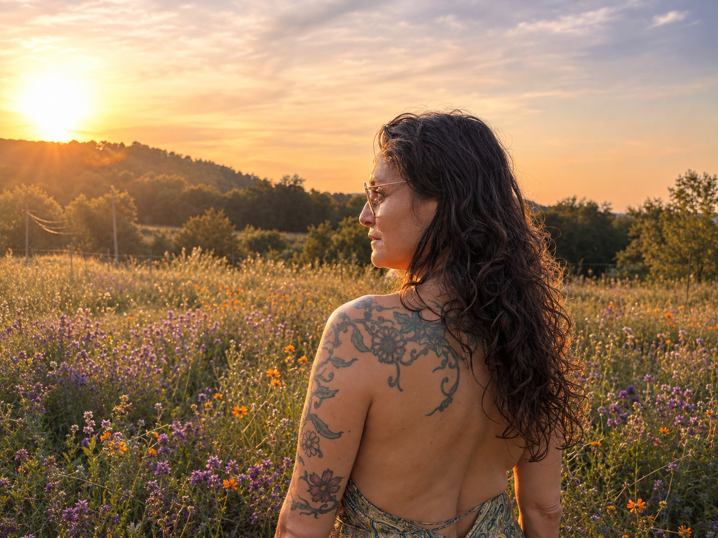 Marta Trigo al atardecer en un campo de flores